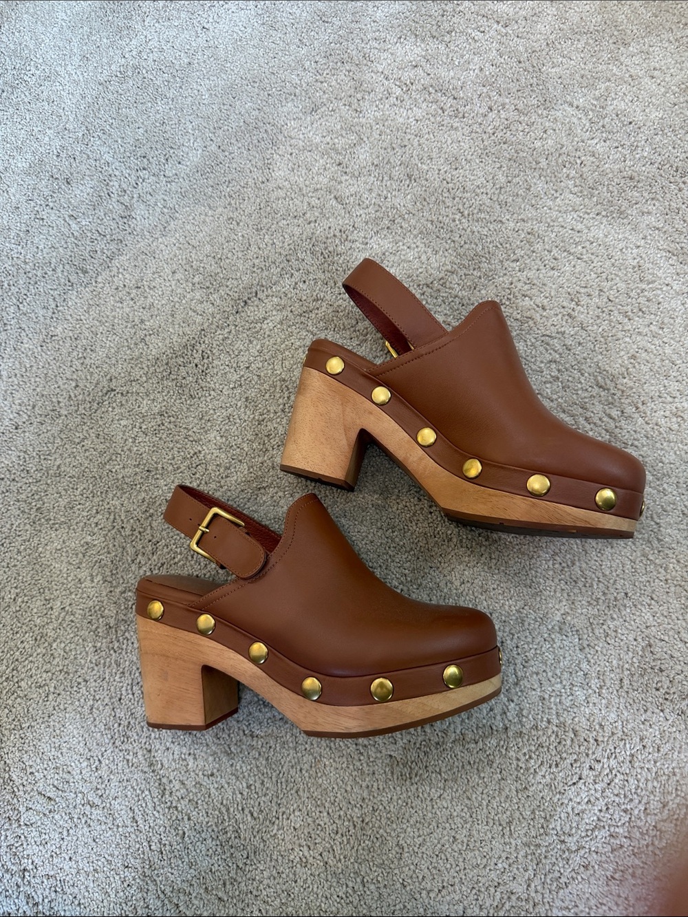 Charlotte Stone Brown Leather Studded Slingback Clogs
